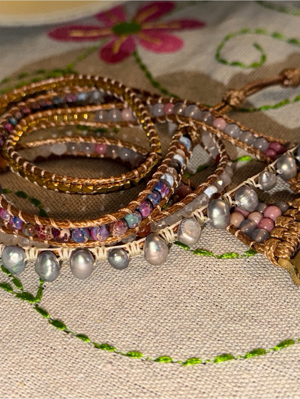 Handcrafted Multi Pinks and Gold Beaded Wrap Bracelet